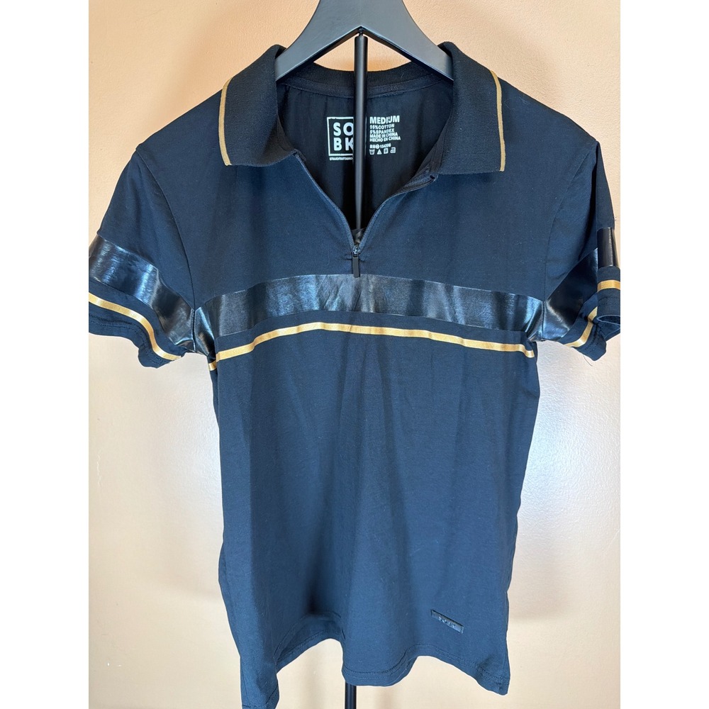 SOBK Straight Outta Brooklyn Mens Quarter Zip Polo‎ Shirt Black Gold Stripe M